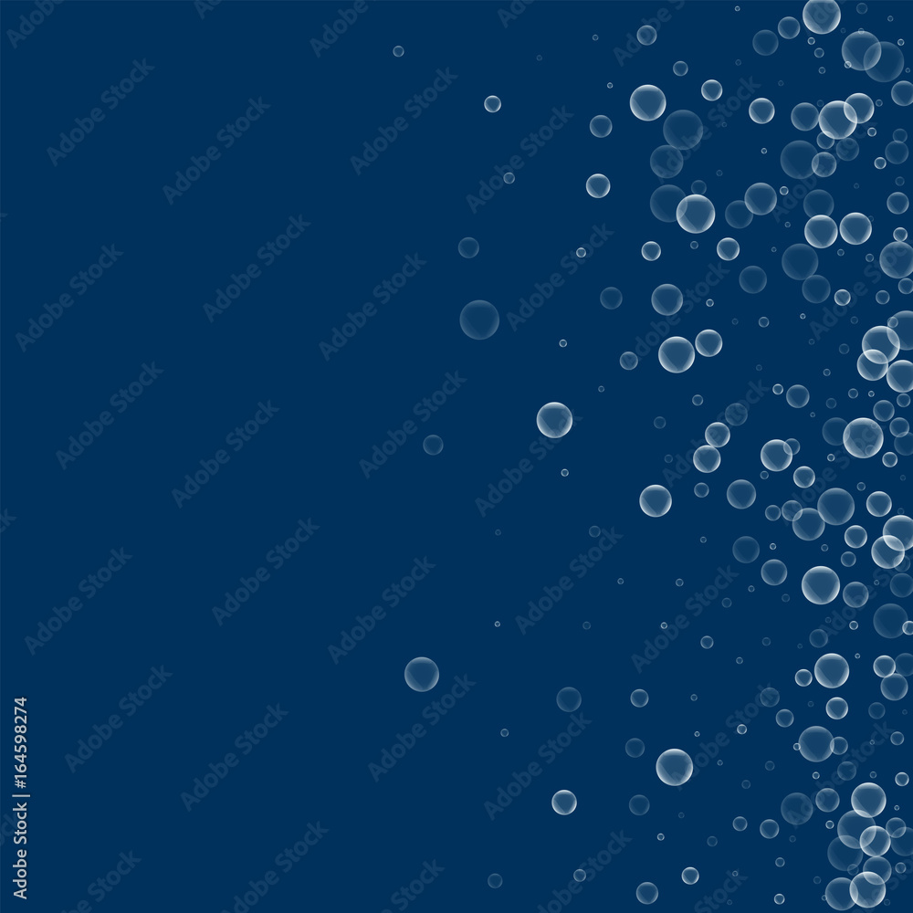 Soap bubbles. Scatter right gradient with soap bubbles on deep blue background. Vector illustration.