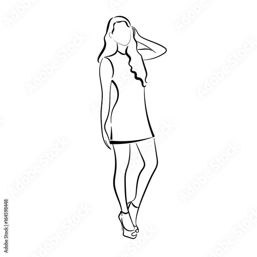 Outline drawing thin, curved lines, Girl, young woman.