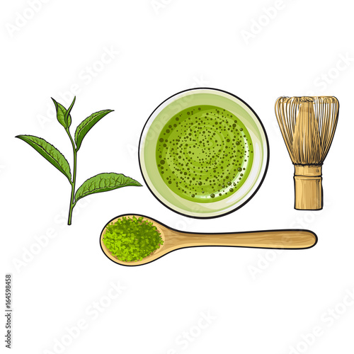 Top view set of matcha powder bowl, wooden spoon and whisk, green tea leaf, sketch vector illustration isolated on white background. Realistic hand drawing of matcha green tea preparation accessories