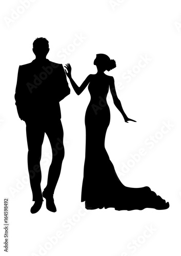Vector illustration. Silhouette of a elegant couple in fancy clothes.