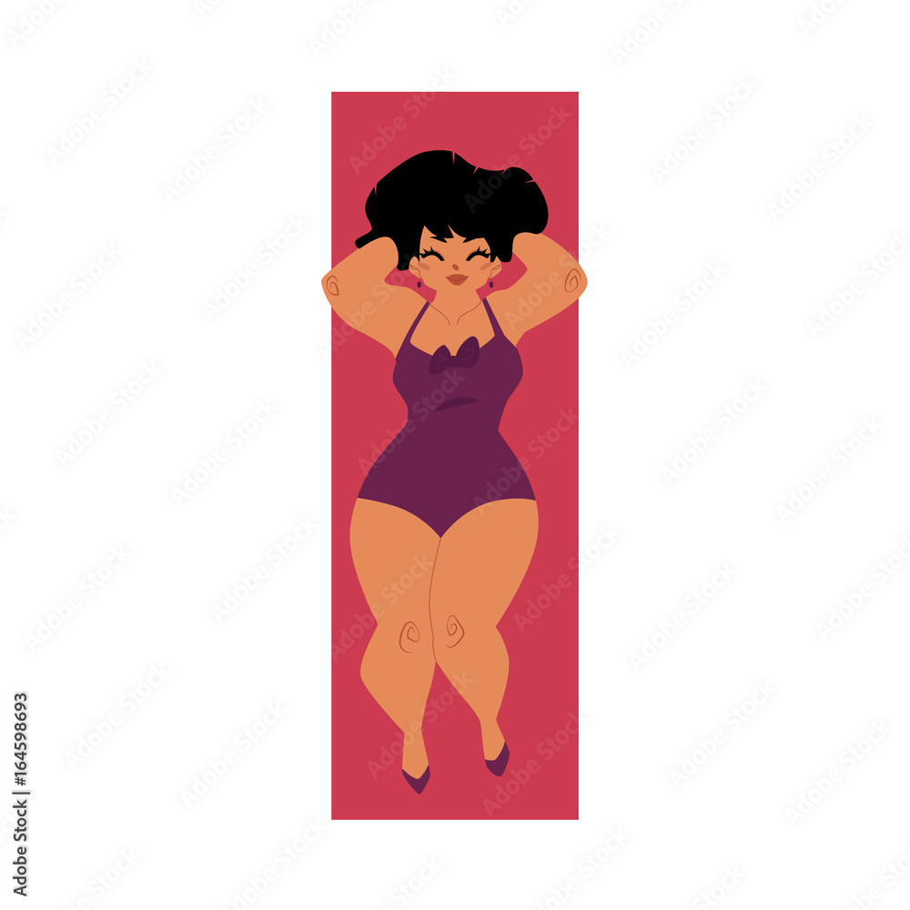 Pretty plump, plus size Caucasian curvy woman, girl in swimming suit, top view cartoon vector illustration isolated on white background. Top view portrait of pretty plump woman in swimming suit Pretty plump, plus size Caucasian curvy woman, girl in swimming suit, top view cartoon vector illustration isolated on white background. Top view portrait of pretty plump woman in swimming suit