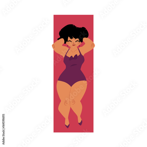 Pretty plump, plus size Caucasian curvy woman, girl in swimming suit, top view cartoon vector illustration isolated on white background. Top view portrait of pretty plump woman in swimming suit