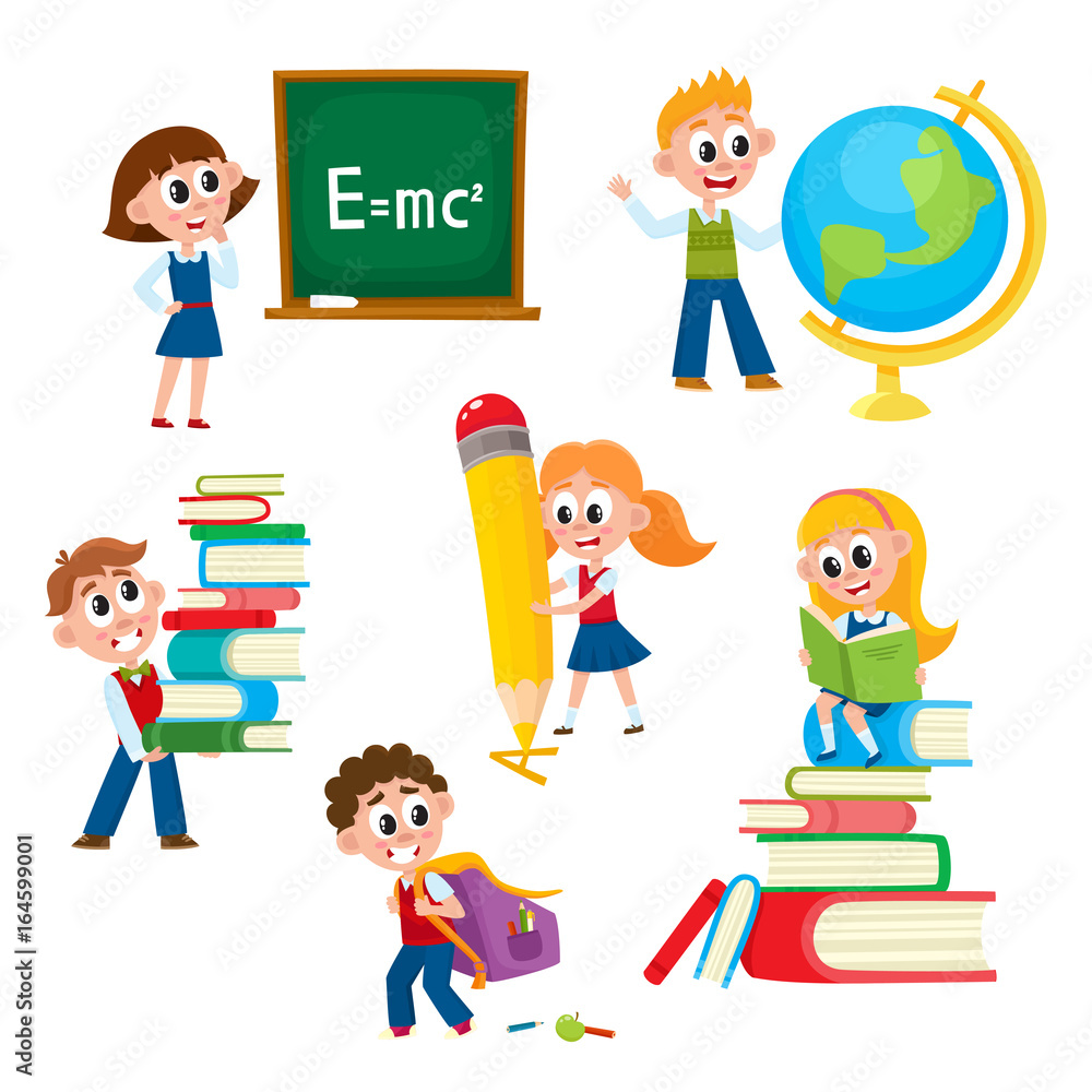 Kids, children at school, cartoon, comic vector illustration isolated on  white background. Kids, children, boys and girls - write on blackboard,  read, carry books, go to school, draw, play with globe Stock