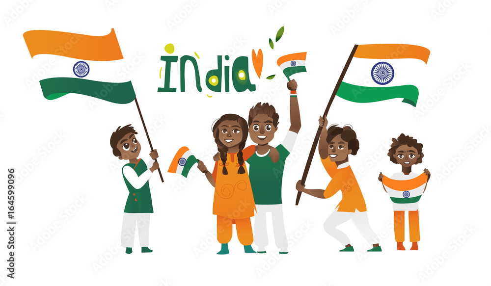 Set of Indian people, man, woman, kids, holding and waving Indian flags,  cartoon vector illustration isolated on white background. Indian people  with their national tricolor flags, big and small Stock Vector |