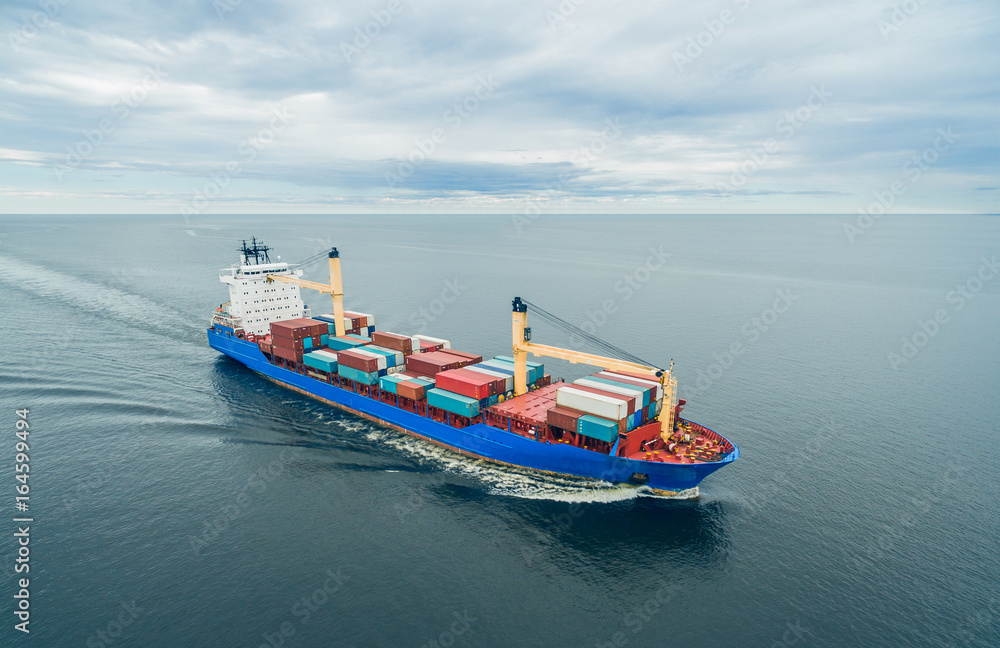 Container vessel sailing in open sea