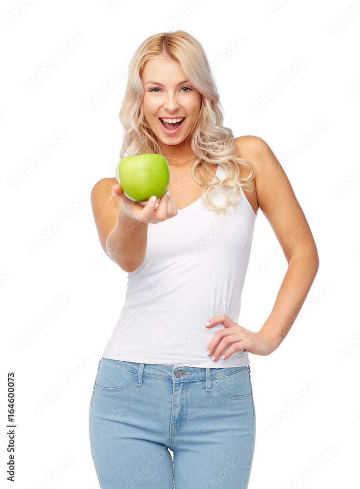 happy beautiful young woman with green apple happy beautiful young woman with green apple