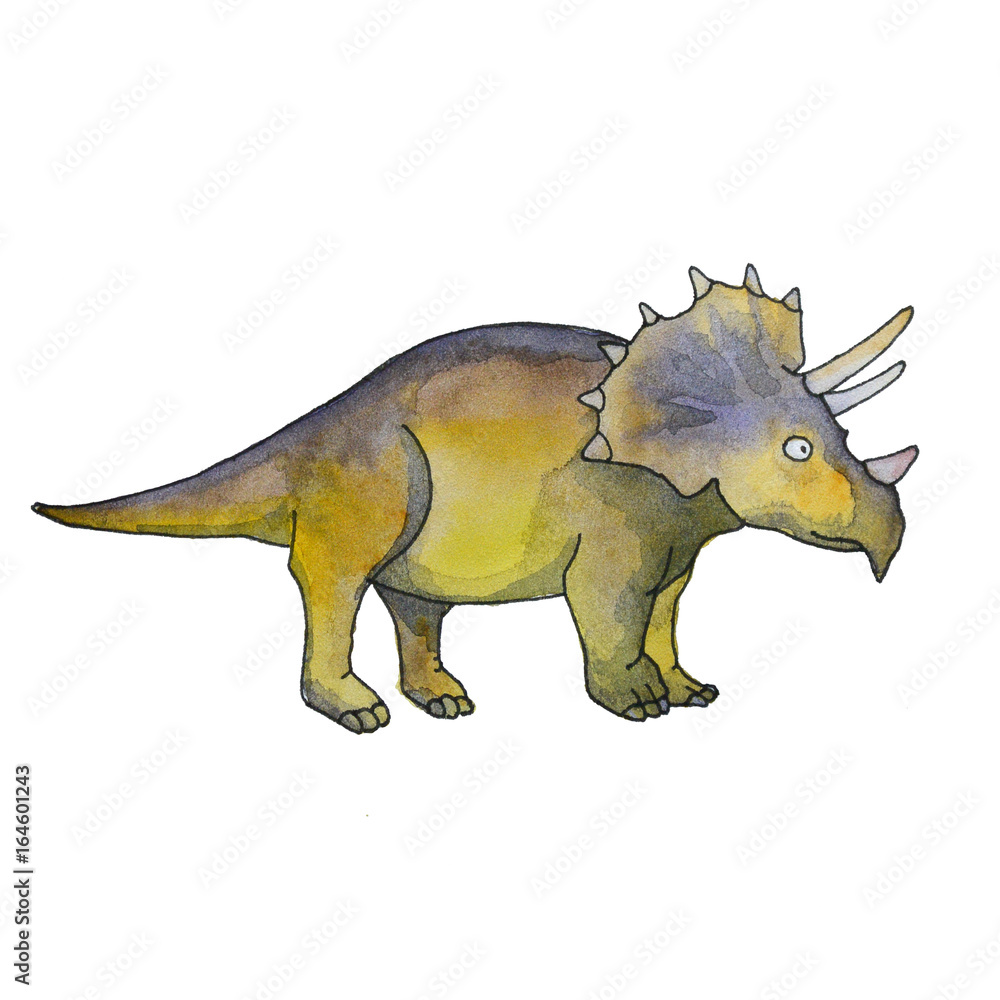 Stylized triceratops dinosaur living at the end of the Cretaceous period, isolated on white background. Fossil animals and reptiles in cartoon watercolor style. Stylized triceratops dinosaur living at the end of the Cretaceous period, isolated on white background. Fossil animals and reptiles in cartoon watercolor style.
