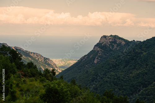 Panorama of the Greek city of Katerini at sunset. Katerini Greece. View from the mountain on the Katerini. © flowertiare