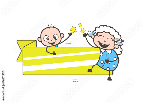 Laughing Granny with Baby and Banner Vector Illustration