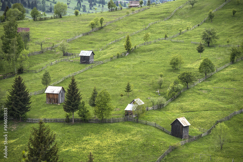 Romania, fenced in pastures dotted with small barns on a slope in the Carpathians neas Sadova photo