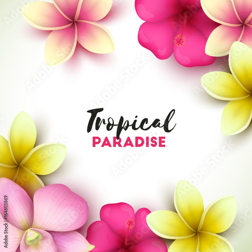 Colorful background with tropical flowers. Vector illustration.