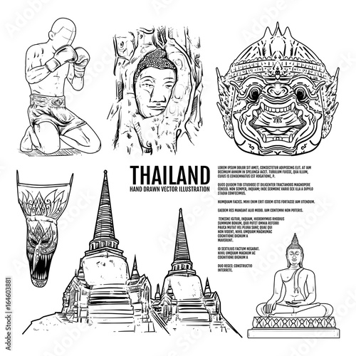 Thailand tourism. Hand draw thai landmark Vector Illustration. Amazing thailand, buddha, boxing, hanuman, ayutthaya, Temple