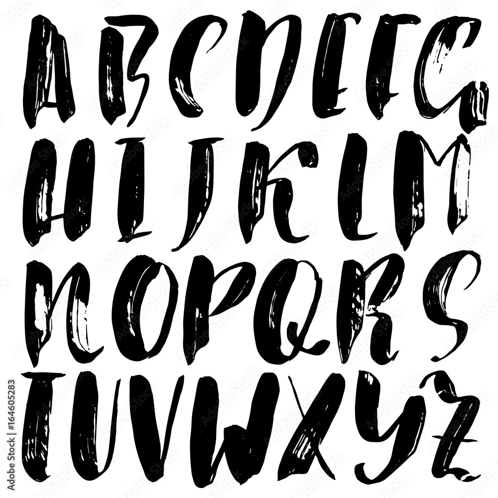 Hand drawn dry brush font. Modern brush lettering. Grunge style alphabet. Vector illustration.