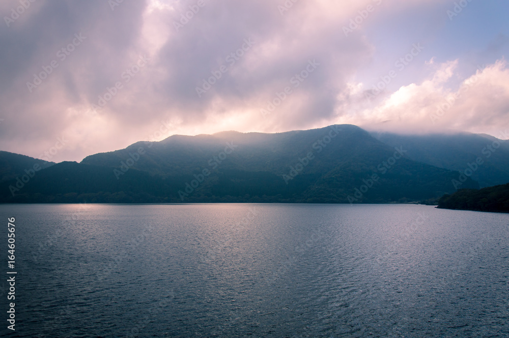 Scenic view of foggy and cloudy lake Ashi, Mount Fuji Area, Hakone, Japan