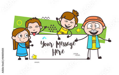 Cartoon Grandpa with Joyful Kids and Message Banner Vector Illustration