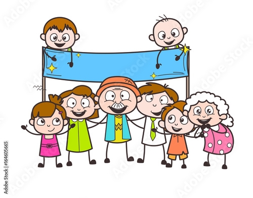 Cartoon Grandpa and Grandma with Grand Children and Banner Vector Illustration