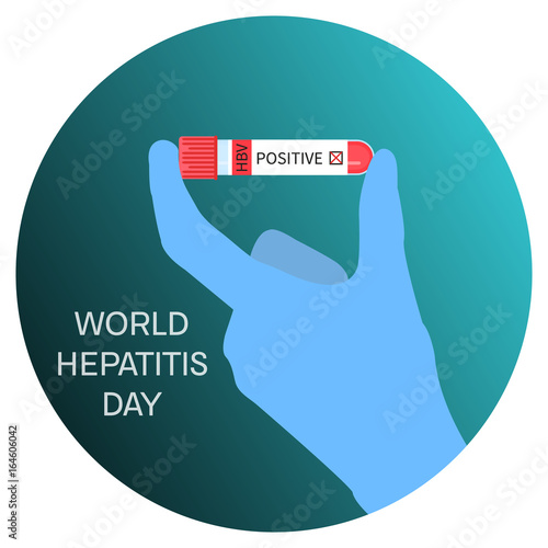 Scientist holding laboratory test tubing with blood sample for Hepatitis. Awareness poster. Medical solidarity symbol. Vector illustration. 