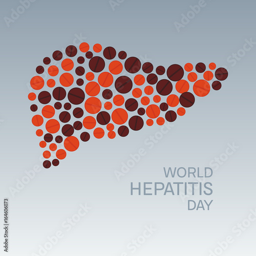 World Hepatitis Day. Liver made of red pills. Medical condition awareness poster on white and grey background. Vector illustration.