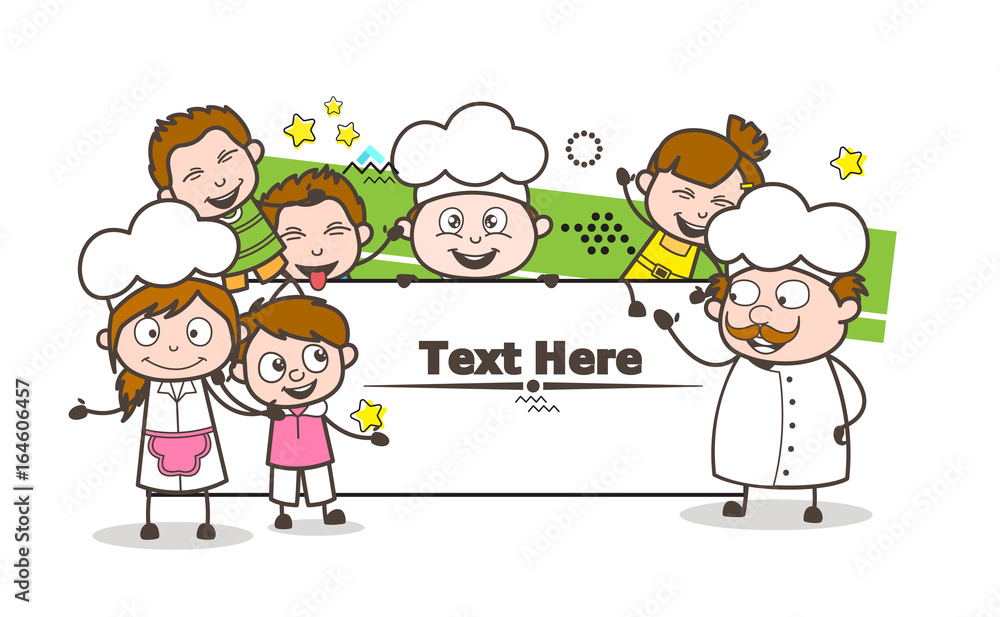 Cartoon Chef with Happy Kids and Holiday Banner Vector Illustration
