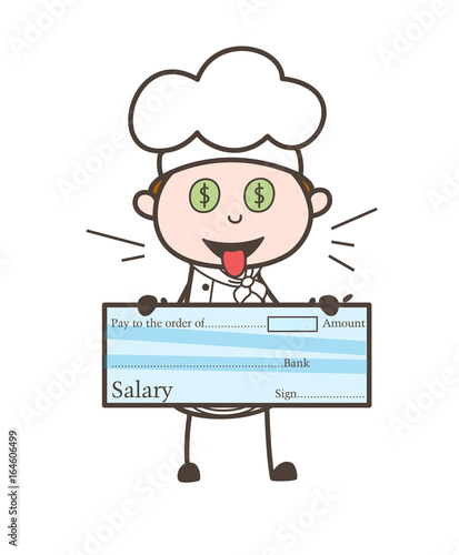 Greedy Cartoon Chef Showing Salary Cheque Vector Illustration
