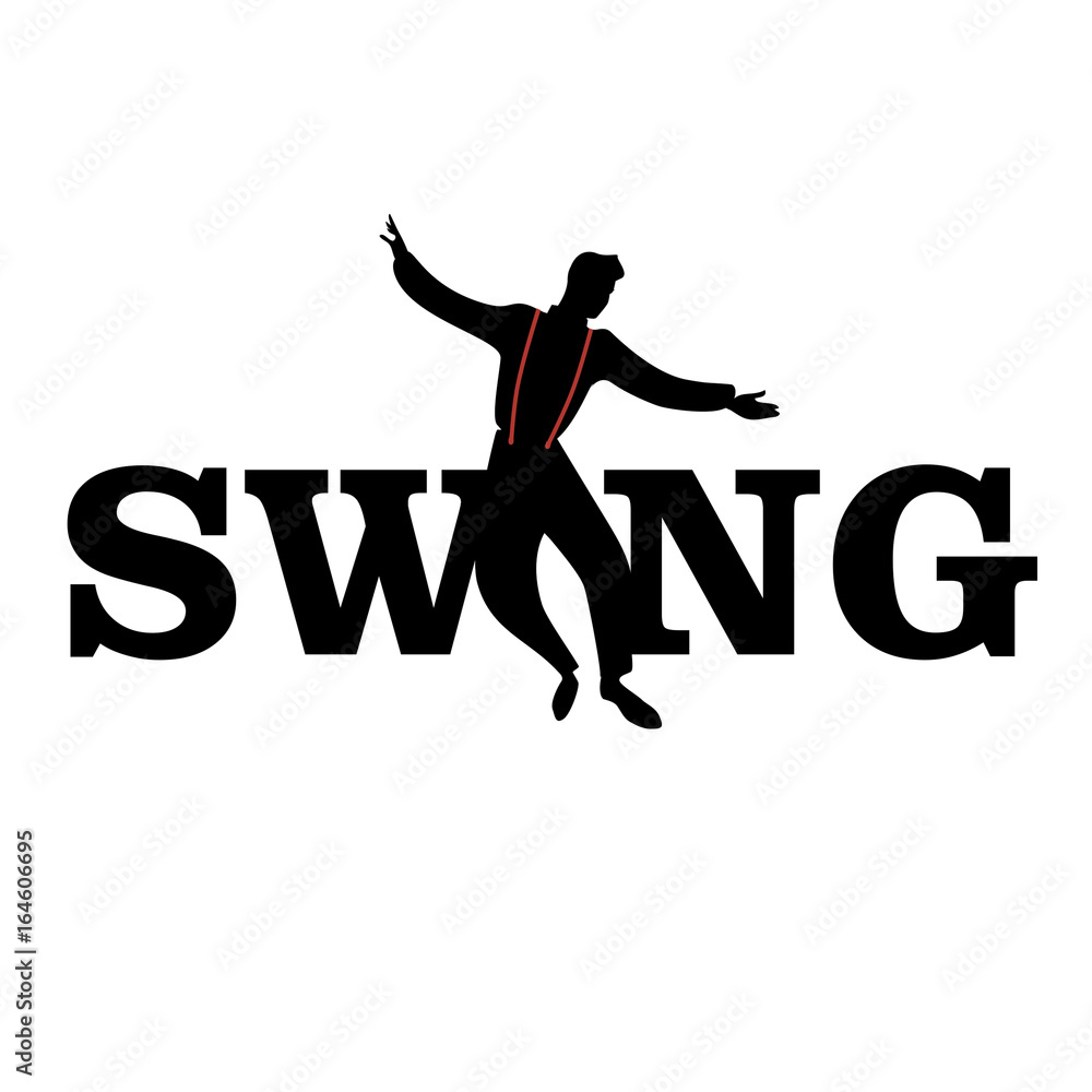Brand logo. Letters swing. Silhouette of man dancing. Brand logo. Letters swing. Silhouette of man dancing.