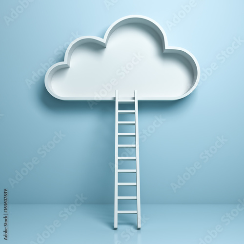 Cloud with ladder abstract concept on light blue pastel color background with reflection and shadow . 3D rendering. photo