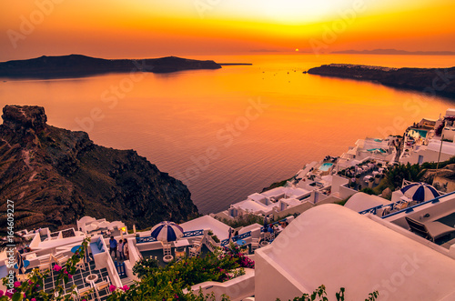 Santorini  Cyclades Islands  Greece. Sunset over Imerovigli near Thira town and Firostefani.