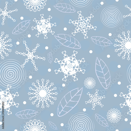 winter seamless pattern with snowflakes, spirals and leaves on a blue background