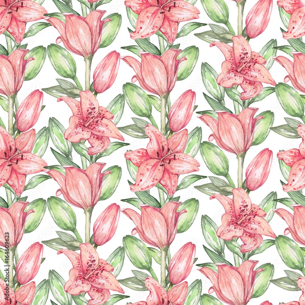 Seamless pattern of pink lilies. Watercolor painting. Hand drawing. Decorative element for greeting card, Invitation card.