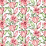 Seamless pattern of pink lilies. Watercolor painting. Hand drawing. Decorative element for greeting card, Invitation card.