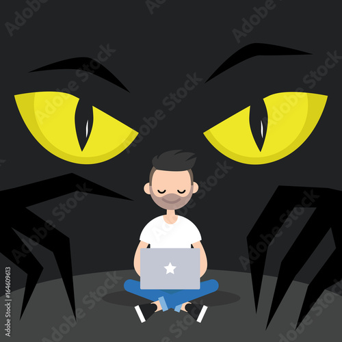 Stealing data conceptual illustration. Big yellow eyes spying behind the character's back / Flat editable vector illustration, clip art