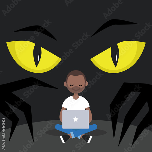 Stealing data conceptual illustration. Big yellow eyes spying behind the character's back / Flat editable vector illustration, clip art