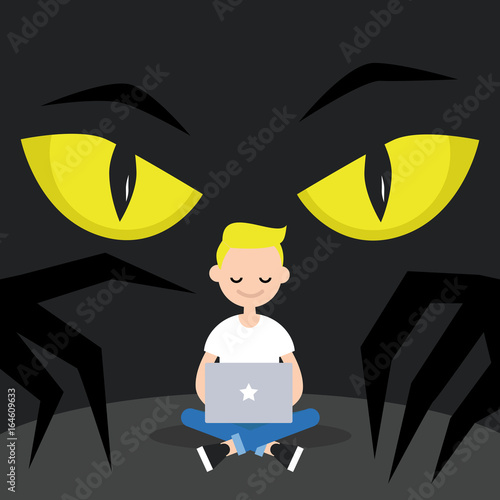 Stealing data conceptual illustration. Big yellow eyes spying behind the character's back / Flat editable vector illustration, clip art