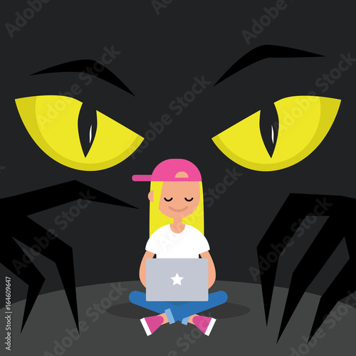Stealing data conceptual illustration. Big yellow eyes spying behind the character's back / Flat editable vector illustration, clip art