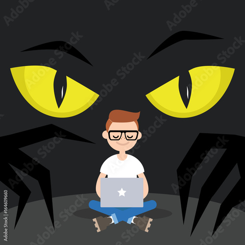 Stealing data conceptual illustration. Big yellow eyes spying behind the character's back / Flat editable vector illustration, clip art