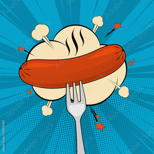 Quadro su tela Grilled sausage on a fork, pop art retro comic style