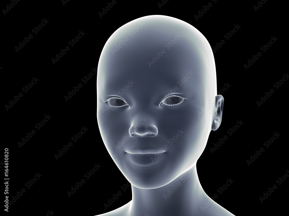 profile of a smiling Asian child in shades of blue in front of a black background (conceptual 3d illustration) profile of a smiling Asian child in shades of blue in front of a black background (conceptual 3d illustration)