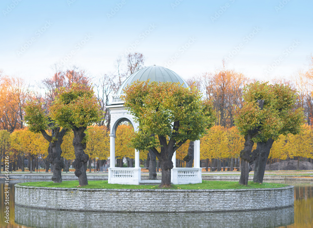 Beautiful image of gazebo in the middle of pond in the autumn park.