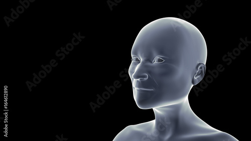 profile of an elderly bald person (conceptual 3d illustration in shades of blue on a black background)