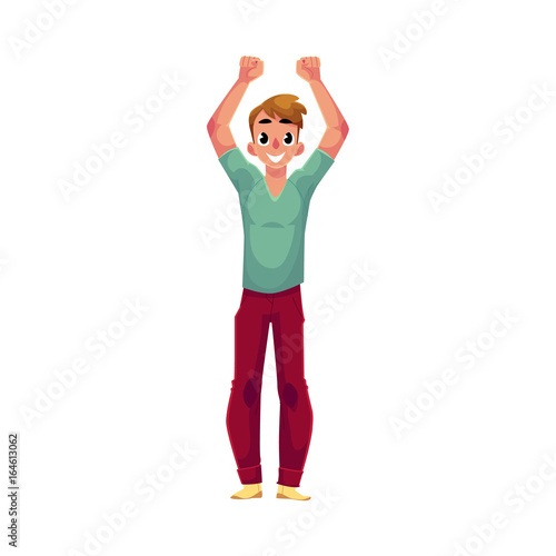 Young man, boy, guy, rejoicing, cheering, jumping in happiness and excitement, cartoon vector illustration isolated on white background. Full length portrait of happy rejoicing young man