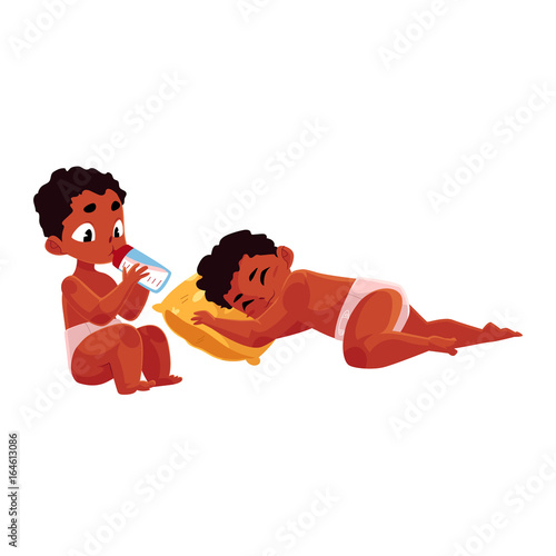 Little black, African American baby sleeping sweetly and eating from milk bottle, cartoon vector illustration isolated on white background. Little black, African American baby sleeping and eating