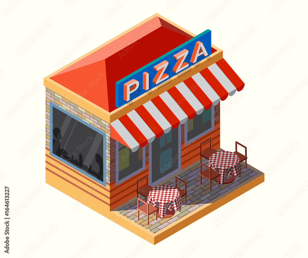 Vector isometric illustration of a pizza place, with chairs and tables on it's terrace. Vector isometric illustration of a pizza place, with chairs and tables on it's terrace.