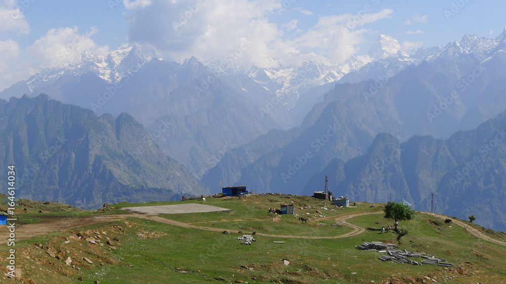 View of the beautiful himalayas from Auli which is a Himalayan ski resort and hill station in Uttarakhand