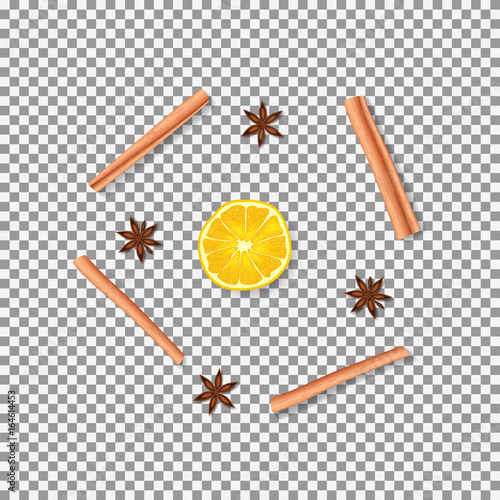 Seasonings isolated on transparent backdrop. Top view on realistic cinnamon sticks, anisetree and orange. Vector illustration.