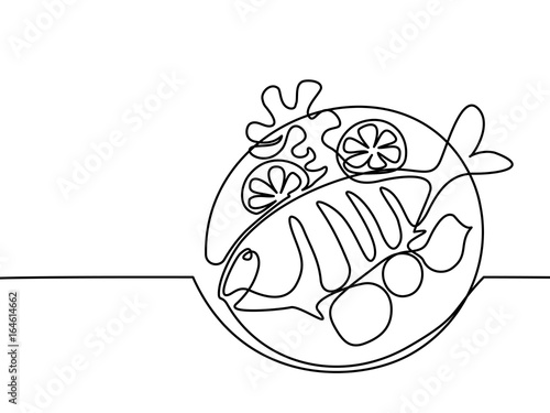Continuous line drawing. Grilled fish on plate with lemon and potato. Vector illustration black line on white background.