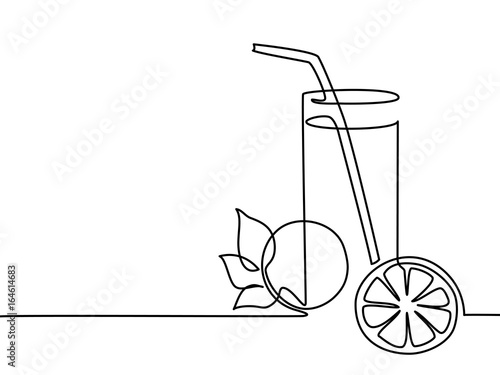 Continuous line drawing. Lemonade in a glass with lemon and orange. Vector illustration black line on white background.