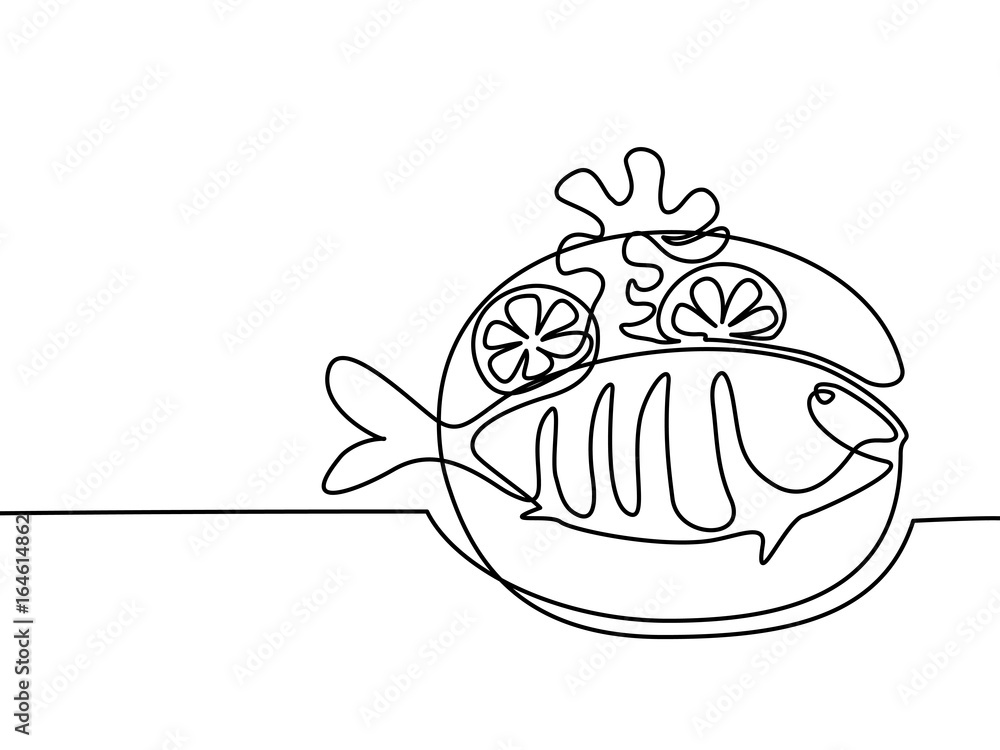 Continuous line drawing. Grilled fish on plate with lemon and potato. Vector illustration black line on white background. Continuous line drawing. Grilled fish on plate with lemon and potato. Vector illustration black line on white background.