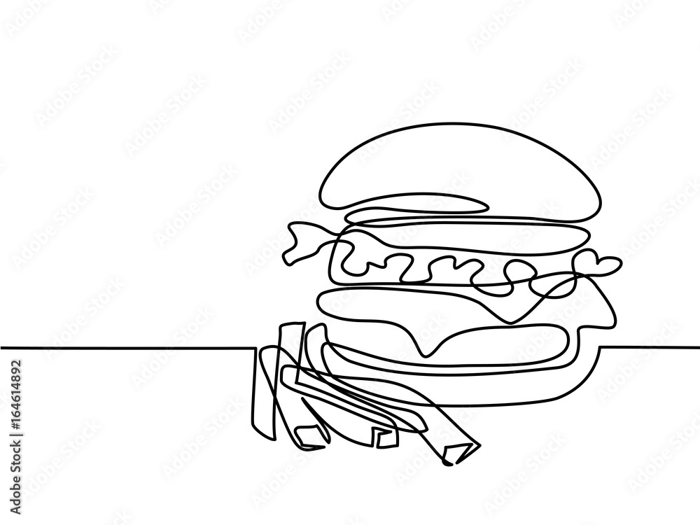 Fototapeta Continuous line drawing. Big Hamburger with French fries Fast food. Vector illustration black line on white background.