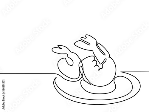 Continuous line drawing. Big Shrimps on plate. Vector illustration black line on white background.