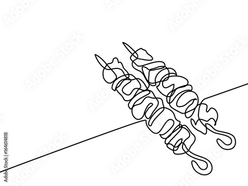 Continuous line drawing. Shish kebab on skewers. Vector illustration black line on white background.